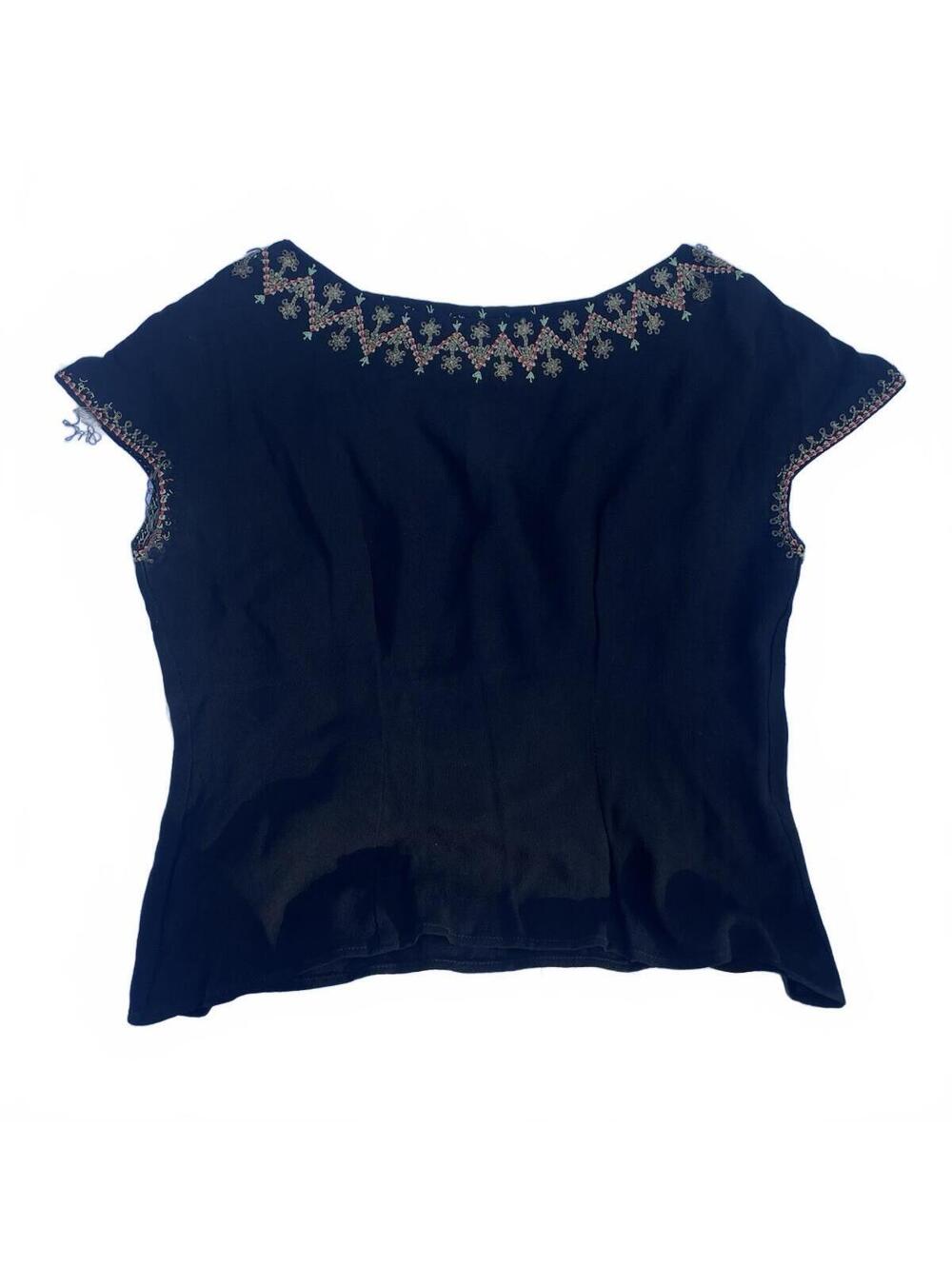 Women's Black Woven Embroidered Boat Neck Cap Sleeve Pullover Blouse S